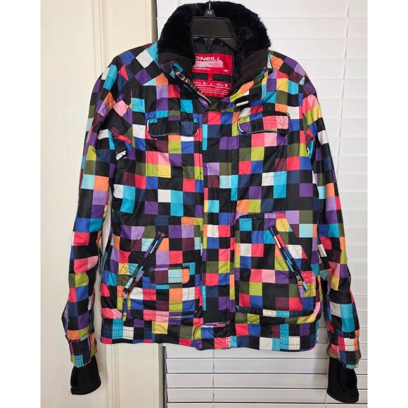VTG Y2K ONeill Womens colorblock Checkered Ski Jacket Coat L Patchwork snowboard - Picture 1 of 10